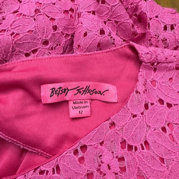 Betsey Johnson Dress Size 12 Cosmopolitan Hot Pink Hi Low Floral Lace Keyhole - Picture 2 of 11
